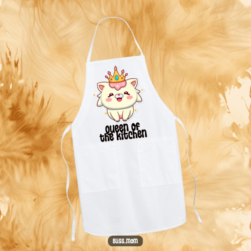 Funny Apron: A happy creature wearing a sparkly crown cooks with royal flair and radiating pure enjoyment.