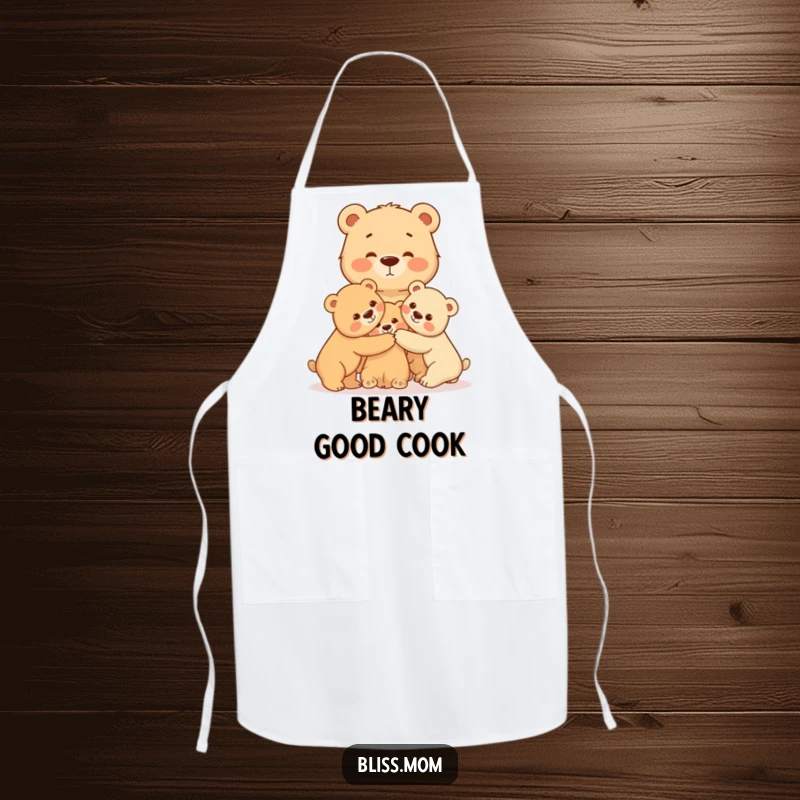 This apron features a radiating mama bear hugging her cubs, perfect for kitchen tasks and embodying protective maternal warmth.