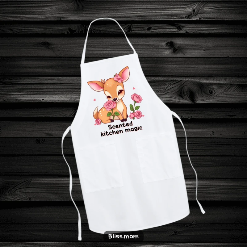 Funny Kawaii Deer Mom Apron, smelling a rose with delight while in the kitchen, perfect for a cheerful cooking experience.