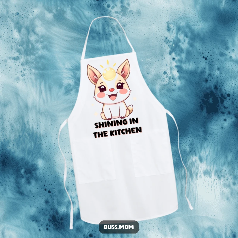 Funny apron featuring a joyful animal with excited ears, happily bouncing its shimmering orb of light while cooking.