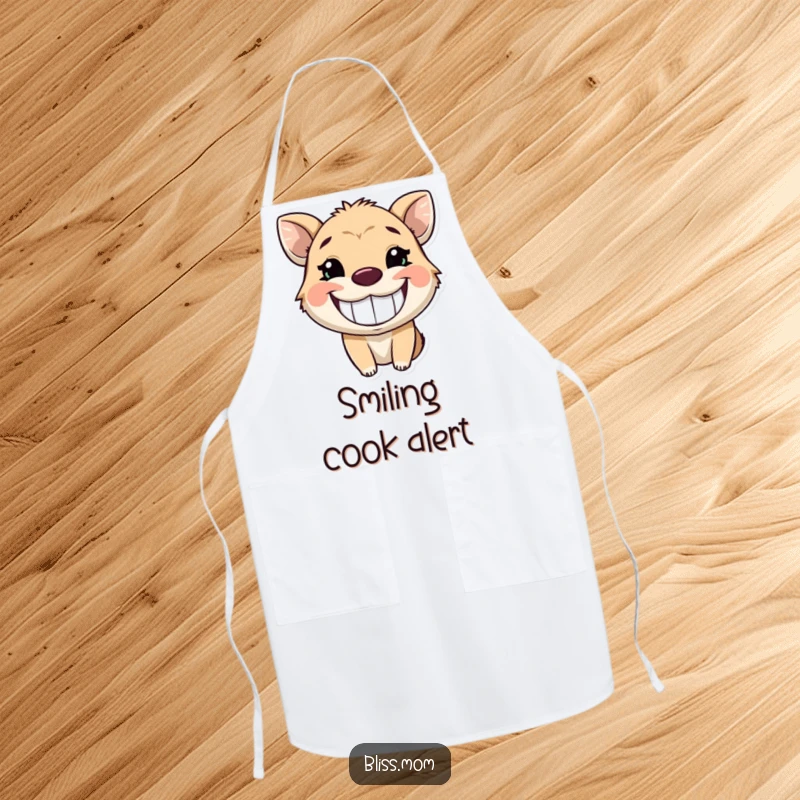 Funny apron featuring an animal with a wide, glowing, infectious grin, perfect for adding humor to kitchen tasks.