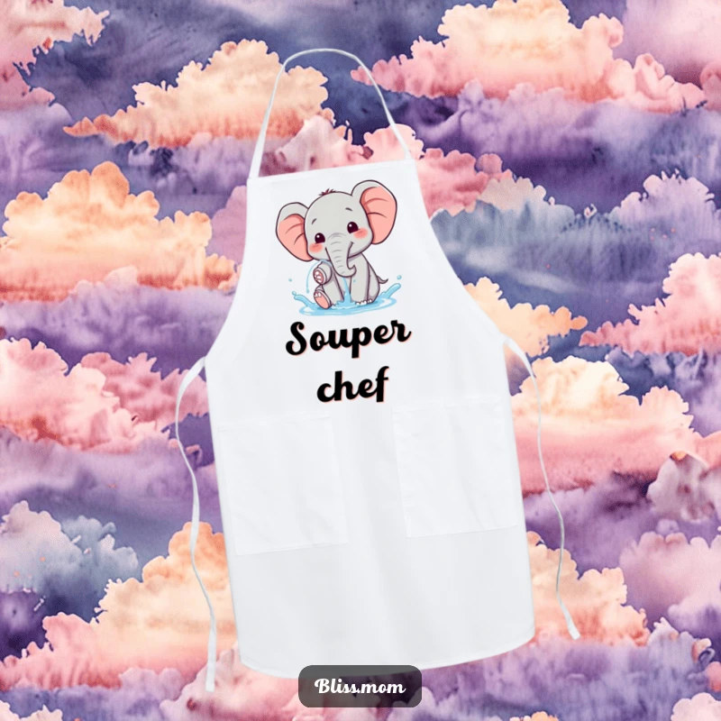 Funny happy kawaii elephant spraying water with delight, on a kitchen apron, adding a cheerful touch to meal prep.
