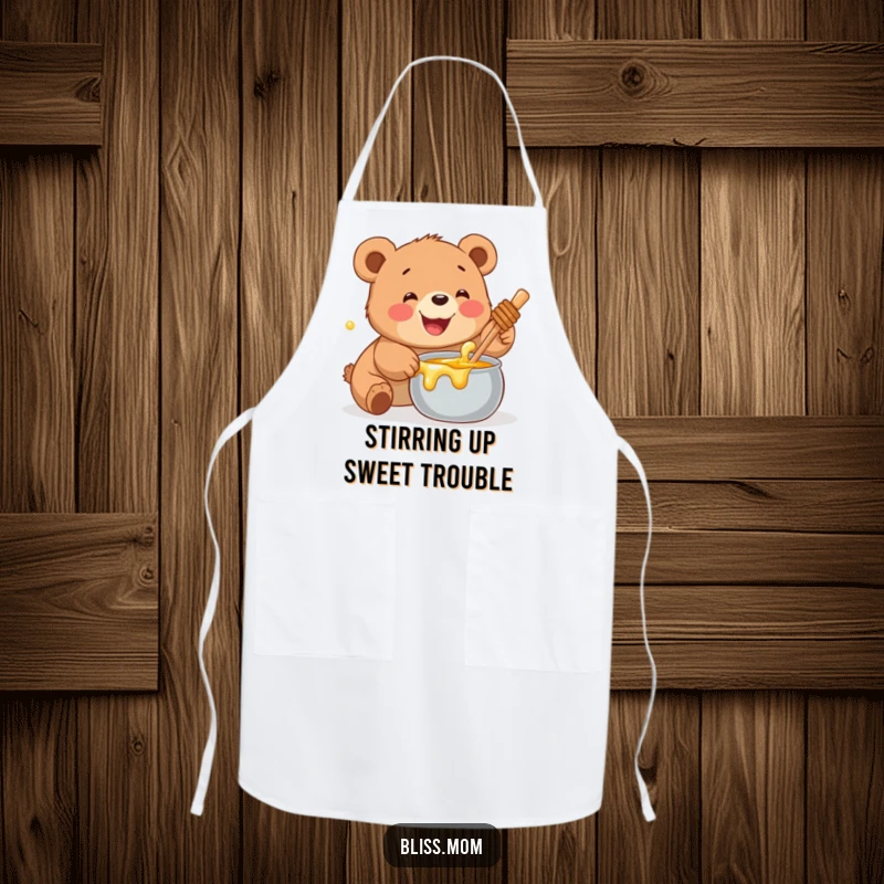 Funny Bear Cub Apron: A cute cub stretching to reach a pot of honey, ready for kitchen adventures.