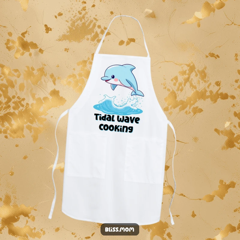 Funny Kawaii Dolphin Mom Apron, playfully leaping from a sparkling wave in the kitchen, adding fun to cooking.