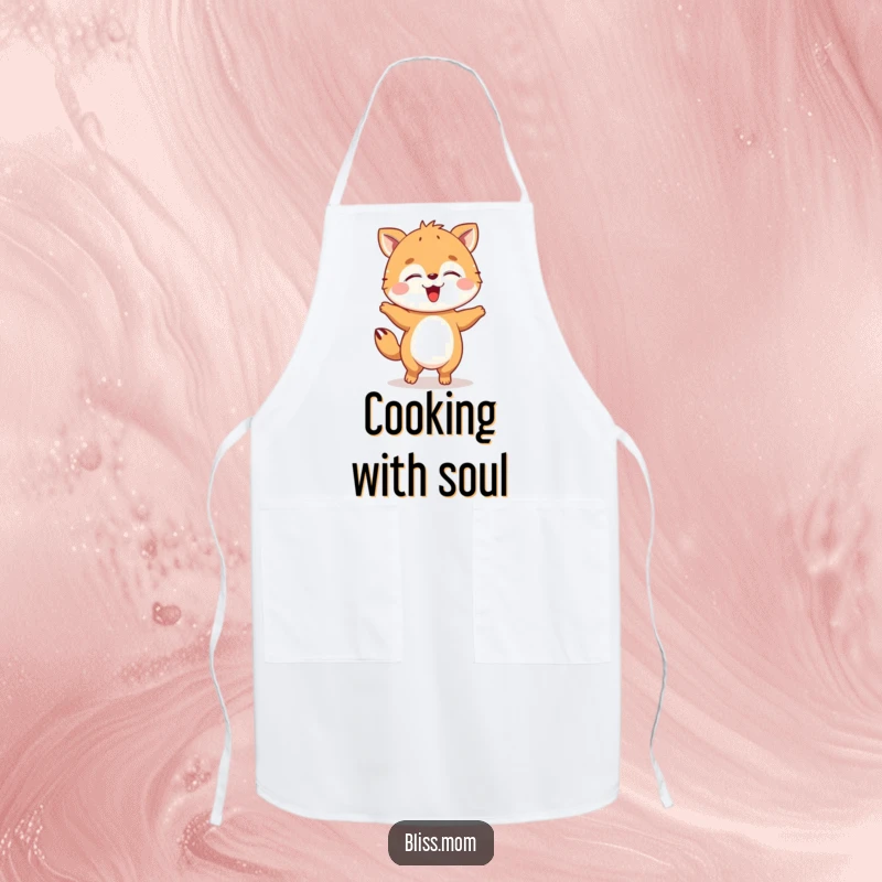 Funny animal apron doing a happy dance with closed eyes, perfect for cheerful cooking and kitchen activities.