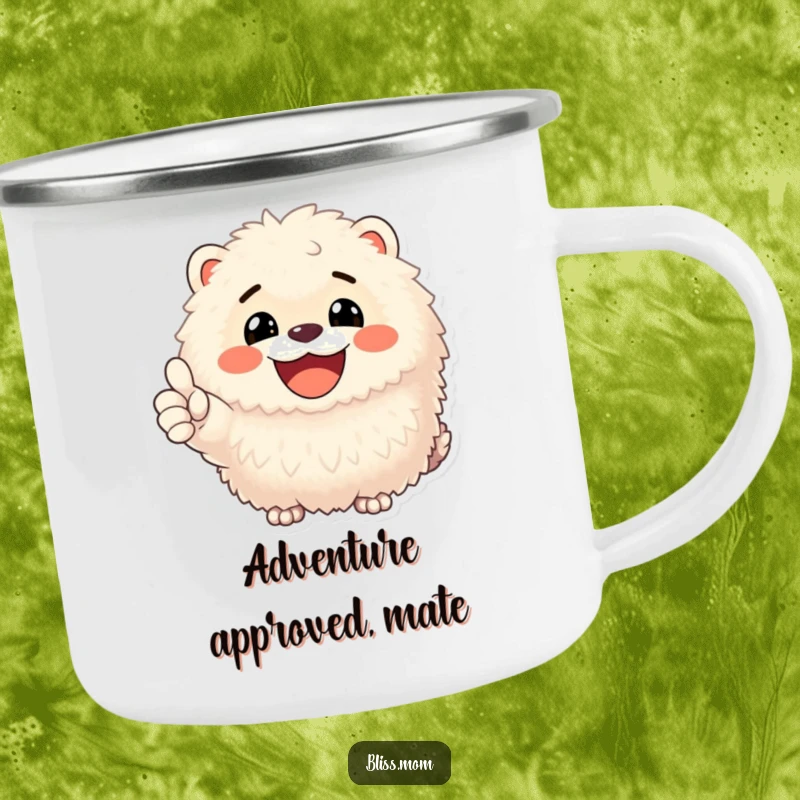 Funny camping mug with a super happy, fluffy animal giving a thumbs up, perfect for enjoying drinks outdoors.