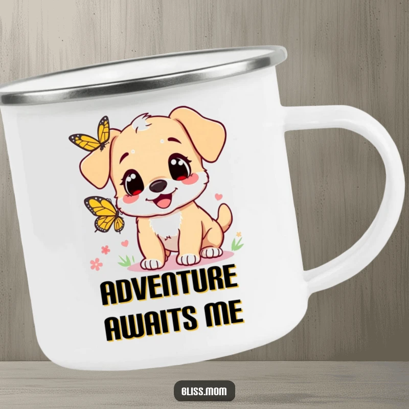 Funny camping mug: a cute puppy mom with heart eyes, joyfully chasing a butterfly, for cheerful outdoor sips.