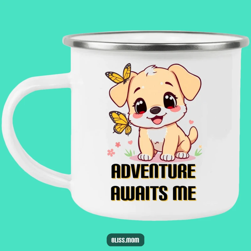 Funny Puppy Mom Camping Mug: Heart Eyes Butterfly Chase - Outdoor Adventure Gift