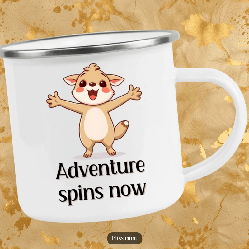 Funny camping mug featuring a happy animal twirling joyfully, arms outstretched, built for adventure and adding humor to outdoor trips.