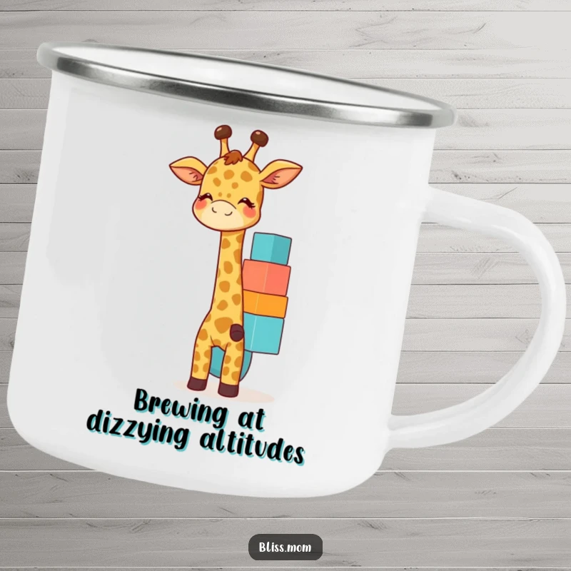 Funny giraffe mom camping mug featuring a giggling mother giraffe balancing colorful blocks, perfect for outdoor fun.