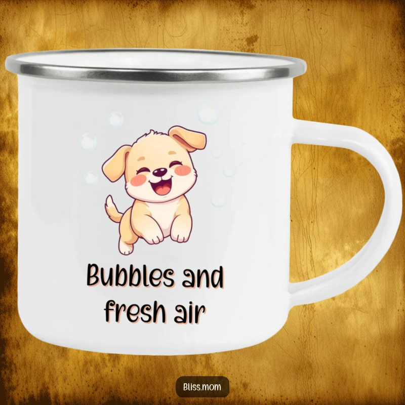 Funny camping mug featuring a kawaii puppy joyfully chasing bubbles, designed for outdoor fun.