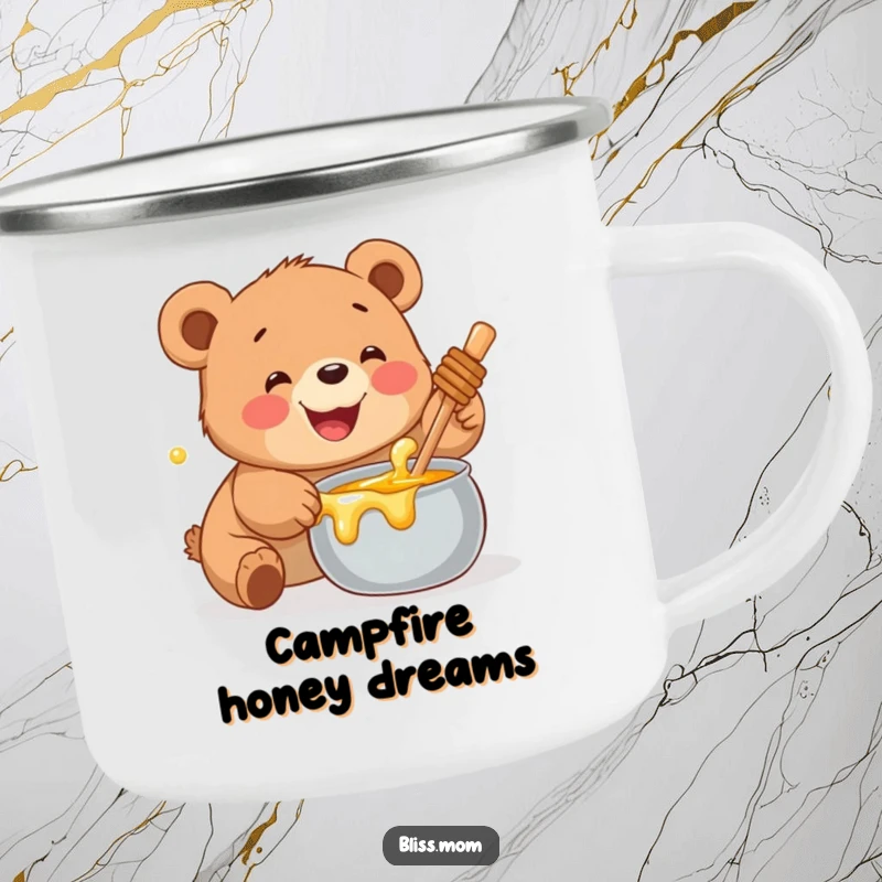 Funny Bear Cub Camping Mug: A cute cub excitedly reaching for a pot of honey, ready for outdoor treks.