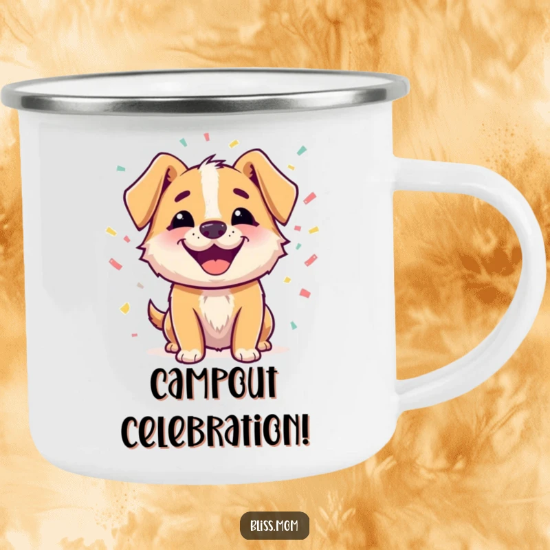 Funny camping mug with a happy dog character with a beaming smile, surrounded by colorful confetti, durable and festive outdoor drinkware.