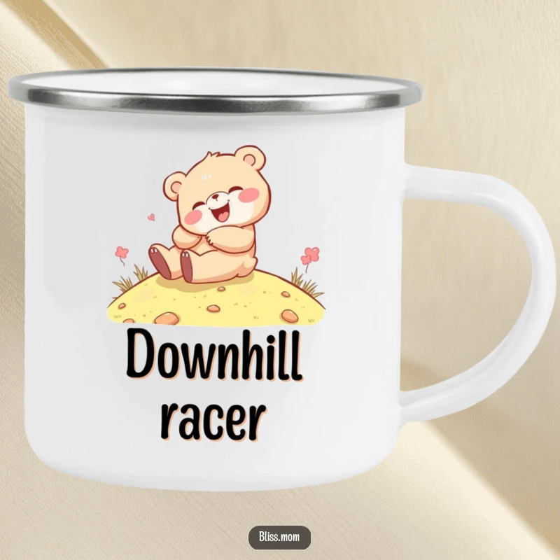 Funny kawaii bear cub giggling while rolling down a hill, on a rugged camping mug, perfect for outdoor enjoyment.