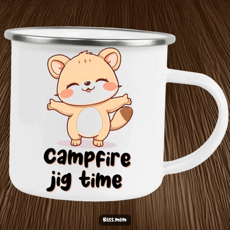 Funny camping mug with a happy dancing animal, eyes closed in bliss, perfect for outdoor adventures and spreading cheer.