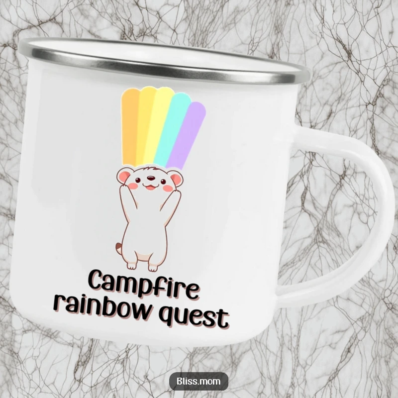 Funny animal camping mug reaching towards a vibrant rainbow, ideal for outdoor adventures and inspiring trips.