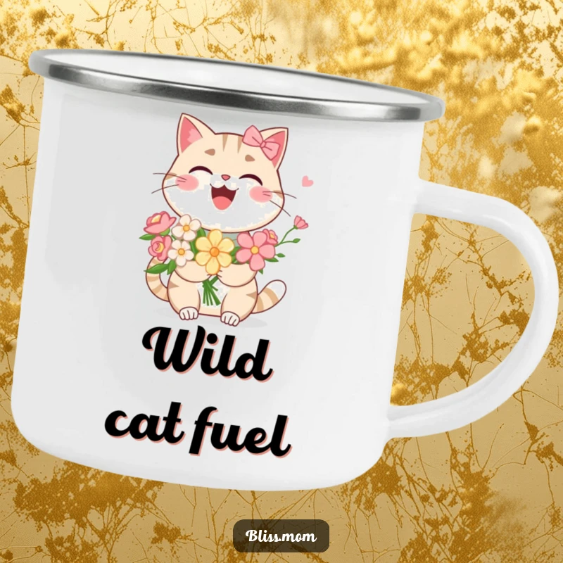 Funny Kawaii Cat Mom Camping Mug: A laughing cat mom holds flowers. Built for adventure, this mug offers humorous feline charm outdoors.