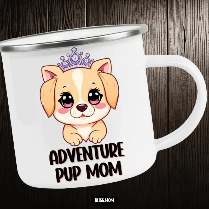 Funny Kawaii Dog Mom Camping Mug: A dog mom sparkles with a tiara. Built for adventure, this mug offers regal canine humor outdoors.