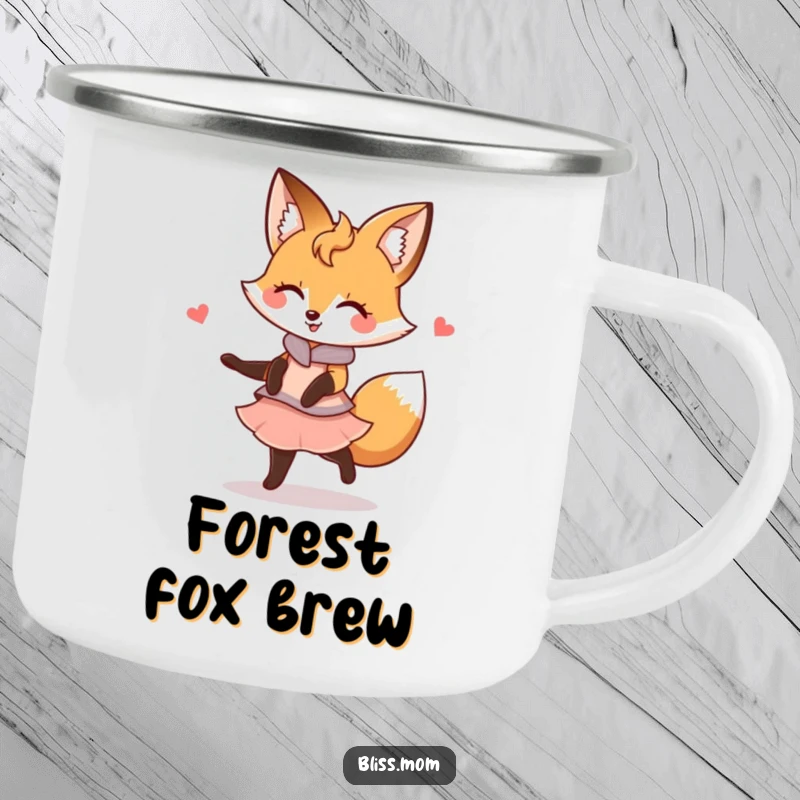 Funny Kawaii Fox Mom Camping Mug: A fox mom twirls gracefully with a smile. Built for adventure, this mug offers charming fox humor outdoors.