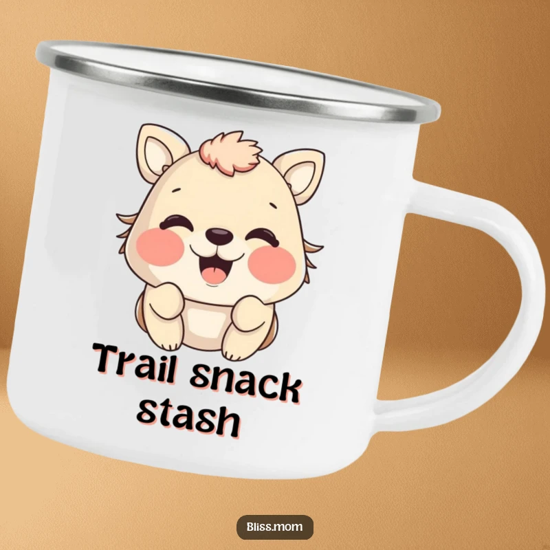 Funny animal camping mug with cheeks puffed out in happiness, ideal for outdoor enjoyment and cheerful trips.