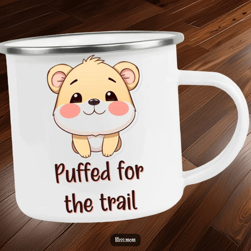 Funny camping mug with an animal sporting puffed cheeks, radiating happiness and ready for outdoor adventures, a durable and joyful piece.