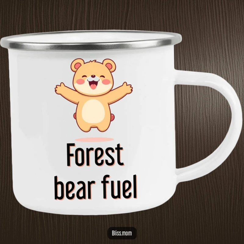 Funny Kawaii Bear Mom Camping Mug: A bear mom jumps joyfully with open arms. Built for adventure, this mug offers humorous bear charm outdoors.