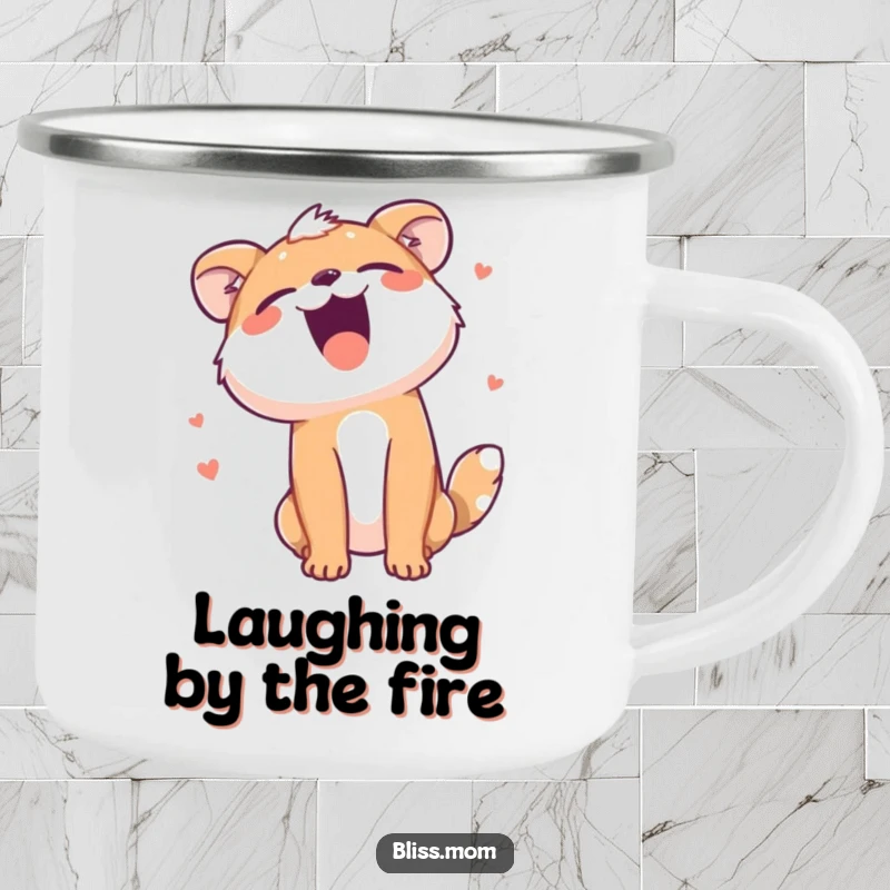 Funny camping mug featuring an animal mid-laugh, head thrown back, built tough for adventures and spreading humorous joy.