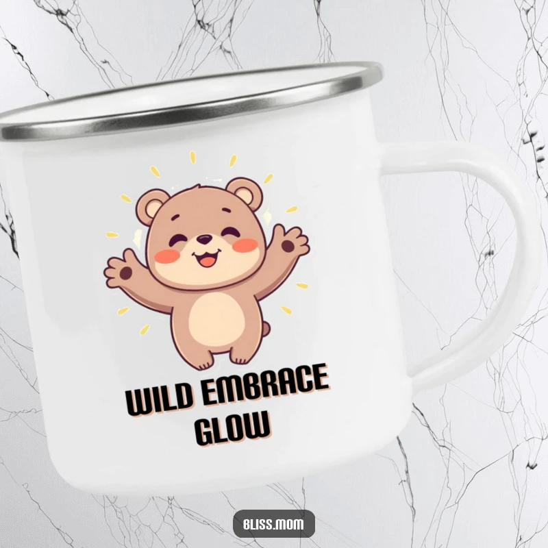 Funny bear camping mug showing a smiling bear embracing a glowing aura, perfect for enjoying drinks in the great outdoors.