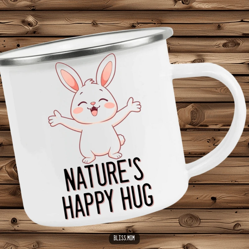 Funny camping mug featuring a cute bunny with arms spread wide, offering a delightful embrace, perfect for outdoor enthusiasts.