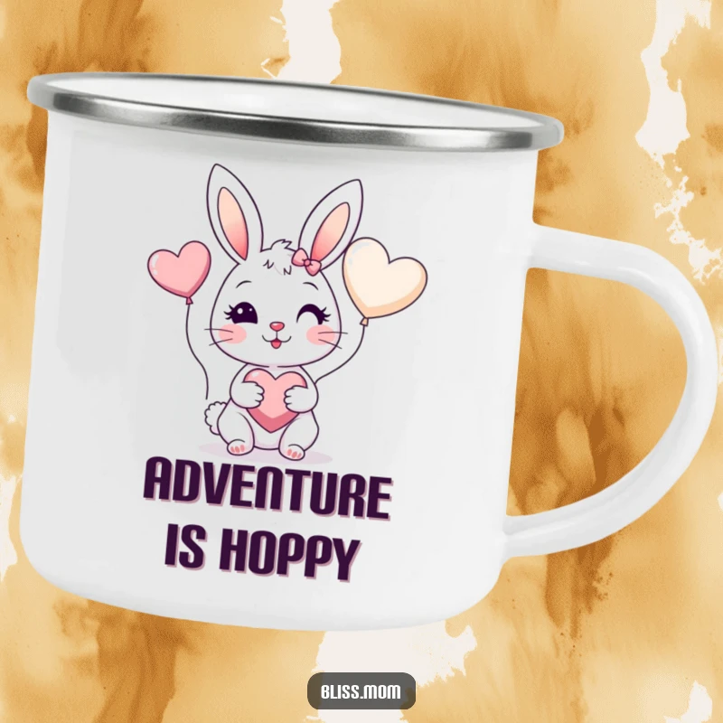 Funny camping mug showing a cheerful bunny mom with rosy cheeks holding a heart balloon, for outdoor bunny lovers.