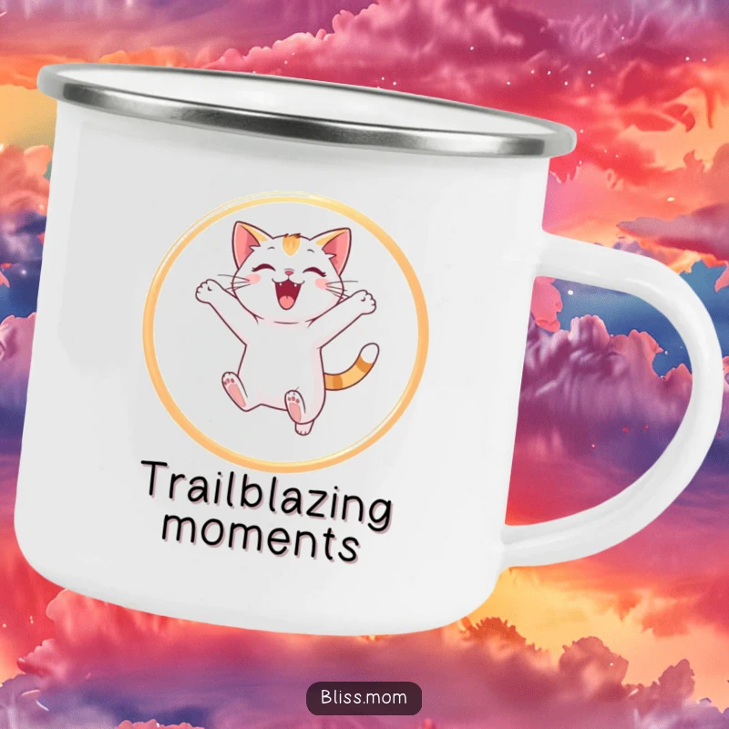 Funny cat camping mug showing a cat energetically jumping through a light hoop, embodying outdoor fun and adventurous spirit.