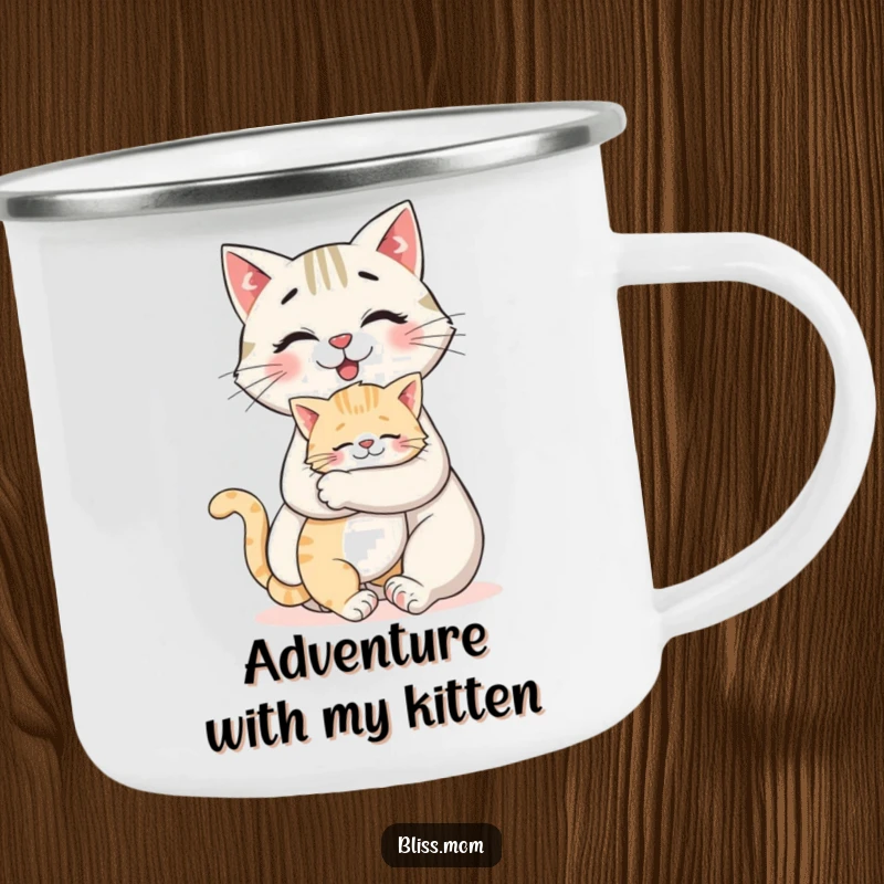 Funny camping mug showing a smiling cat mom getting a big hug from her kitten, for outdoor cat lovers.