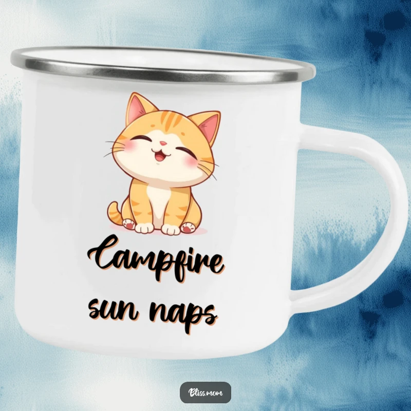 Funny Cat Camping Mug: a joyful cat with eyes closed enjoying a sunbeam, built for outdoor relaxation.