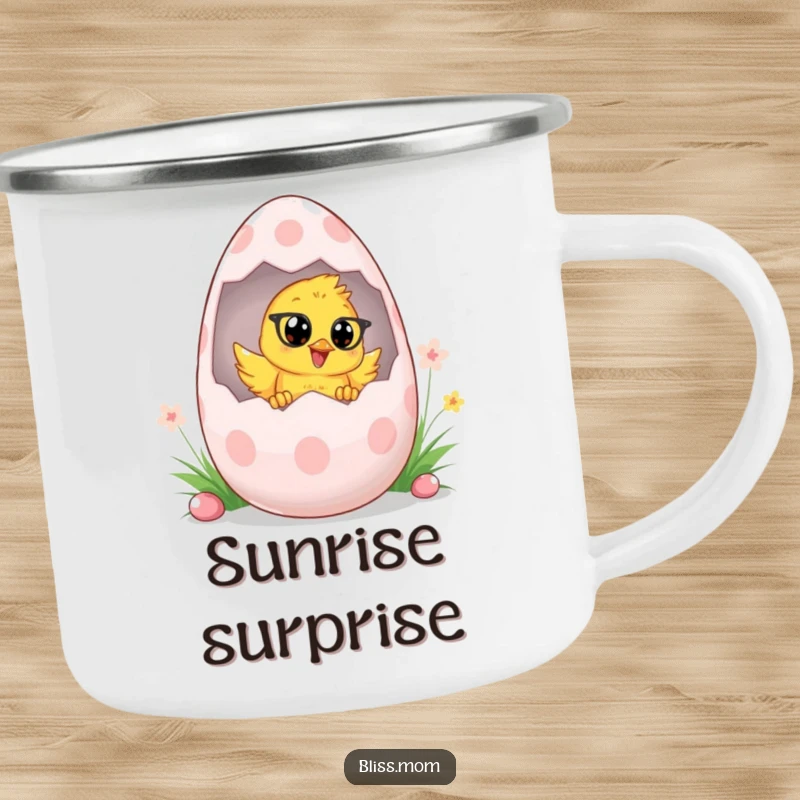 Funny Chick Mom Easter Camping Mug, showing a chick mom peeking from an egg, perfect for outdoor enjoyment and spring fun. A great gift.