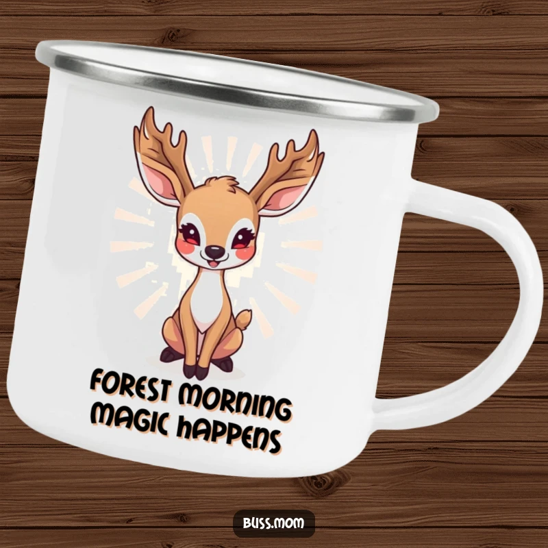 Funny deer mom camping mug showing a radiant doe in a graceful, happy pose, ideal for outdoor enthusiasts.