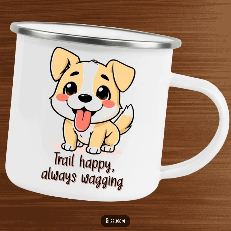 Funny Dog Camping Mug: Features a happy dog with tongue out and tail wagging, ready for outdoor escapades.