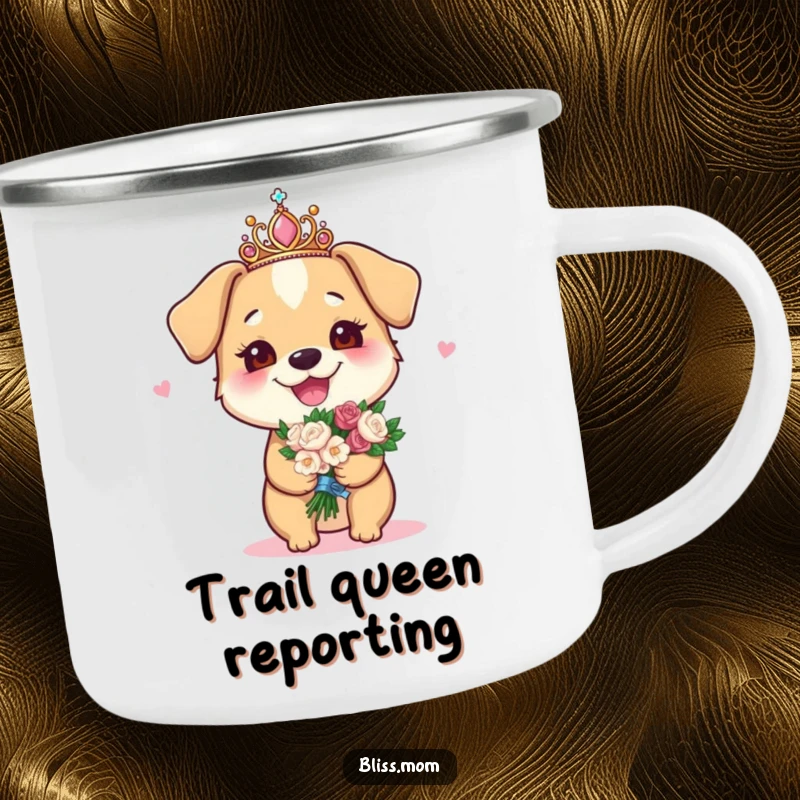 Funny camping mug showing a joyous dog mom with a sparkly tiara and bouquet, for outdoor dog lovers.