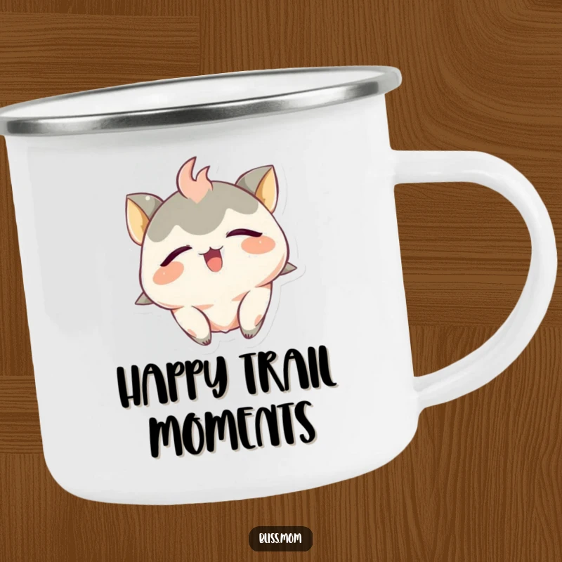 Funny Camping Mug: An ecstatic creature with closed eyes and tilted head radiates pure, hilarious bliss outdoors.