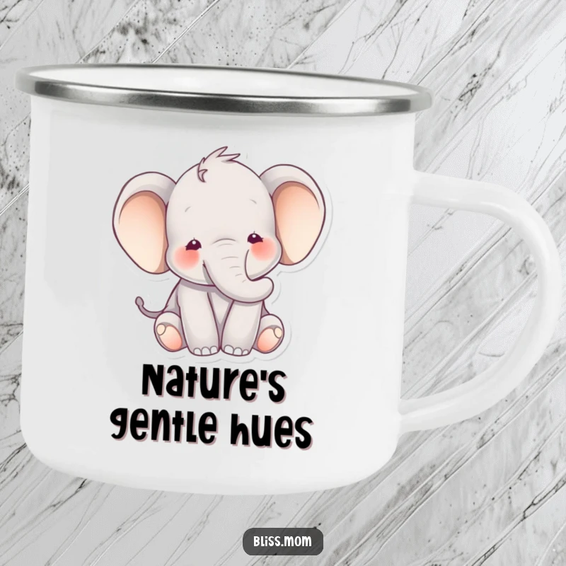 Funny elephant camping mug showing a happy elephant with a peaceful expression amidst soft hues, perfect for enjoying drinks in nature.