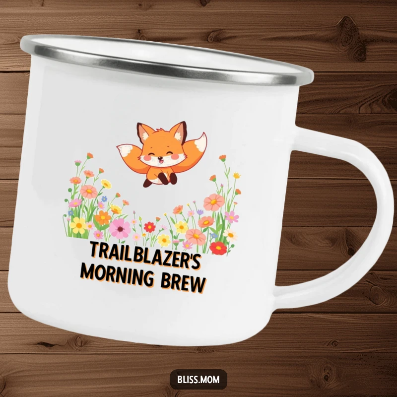 Funny enamel camping mug featuring a gleeful fox leaping through wildflowers, perfect for outdoor enthusiasts.