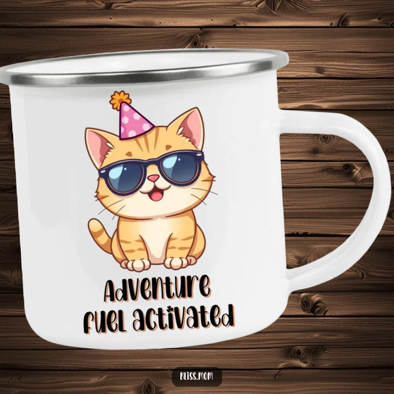 Funny camping mug with a giggling cat wearing sunglasses and a party hat, designed for outdoor adventures and laughs.
