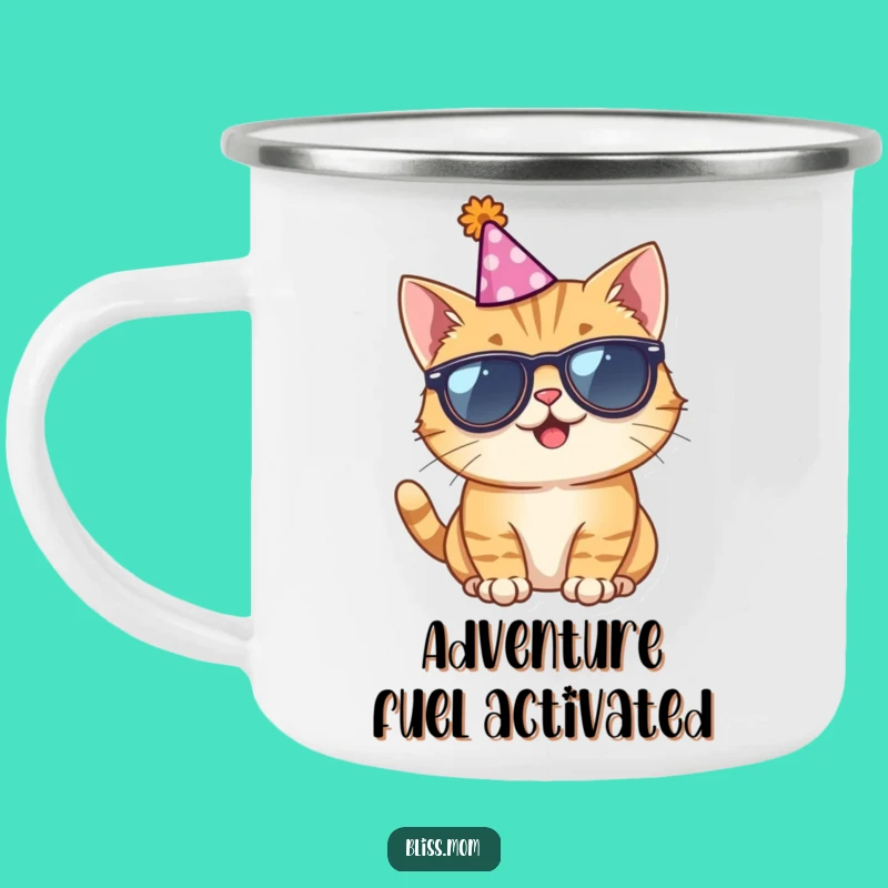 Funny Giggling Cat Sunglasses Party Hat Camping Mug: Adventure & Laughs!