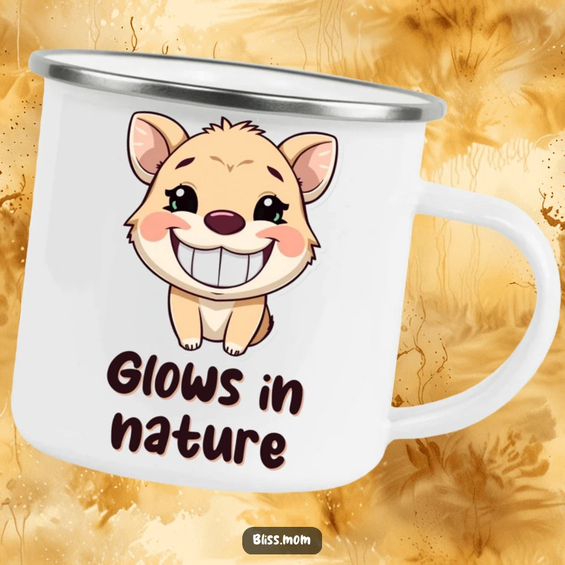 Funny camping mug featuring an animal with a wide, infectious, glowing grin, durable for outdoor adventures.