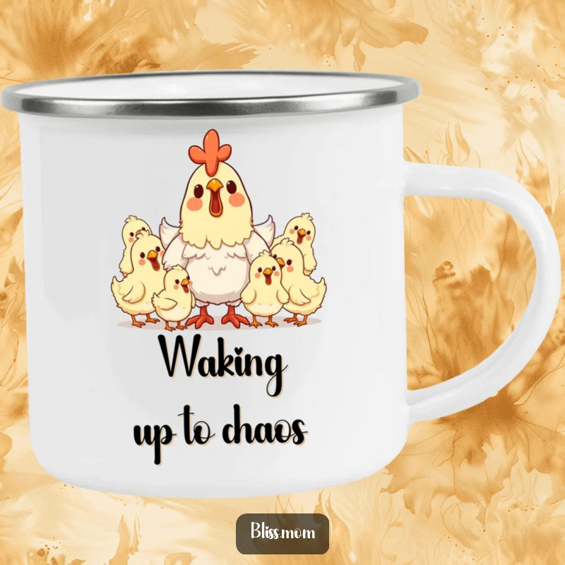 Funny hen mom camping mug featuring a delighted mother hen surrounded by clucking, happy chicks, for outdoor lovers.