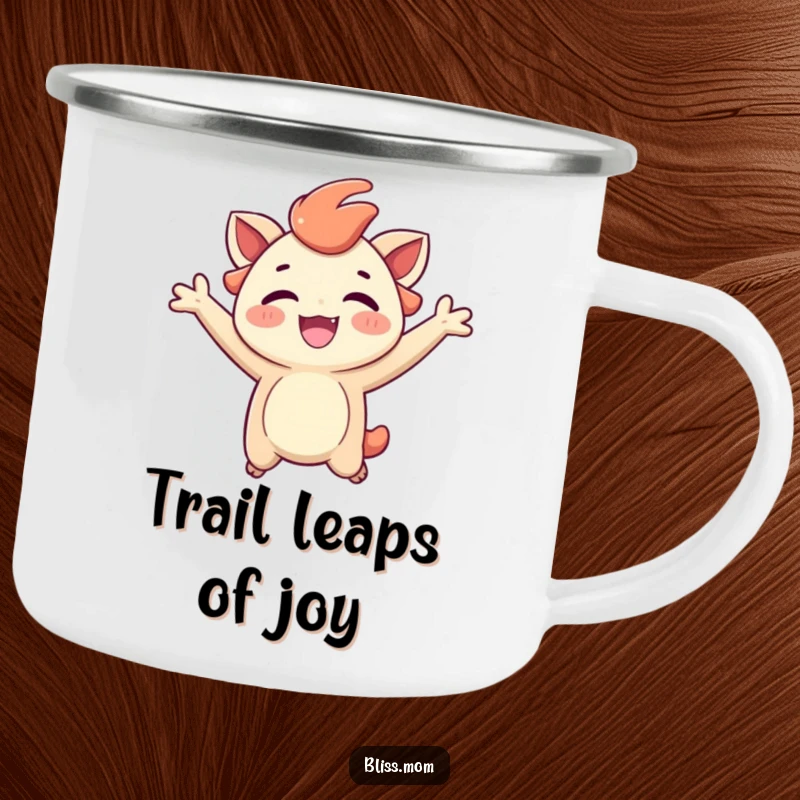 Funny camping mug showing a creature joyfully jumping with a carefree expression, perfect for outdoor happy moments.