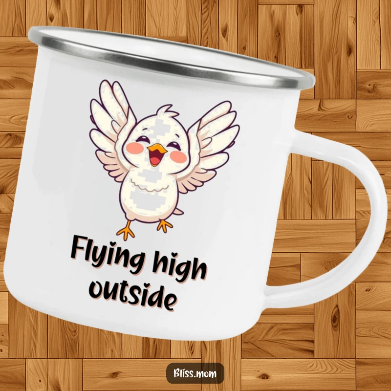 Funny laughing kawaii bird with wings spread wide in flight, durable camping mug, cute outdoor companion, perfect funny gift.