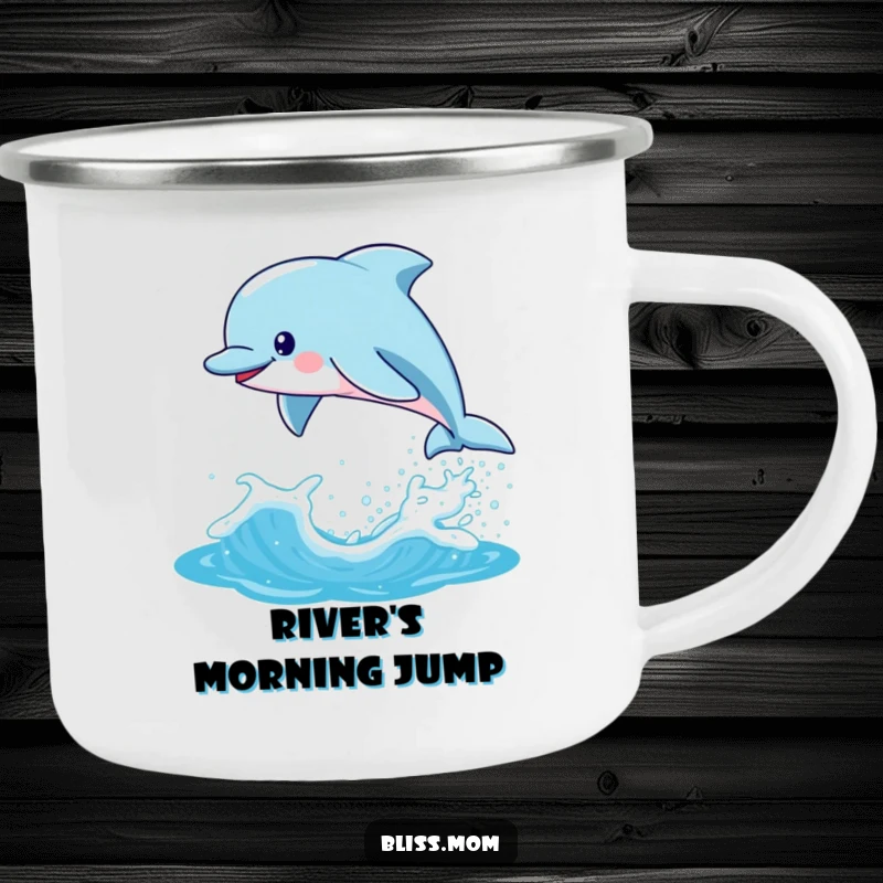 Funny Kawaii Dolphin Mom Camping Mug, playfully leaping from a sparkling wave, perfect for enjoying beverages by the water.