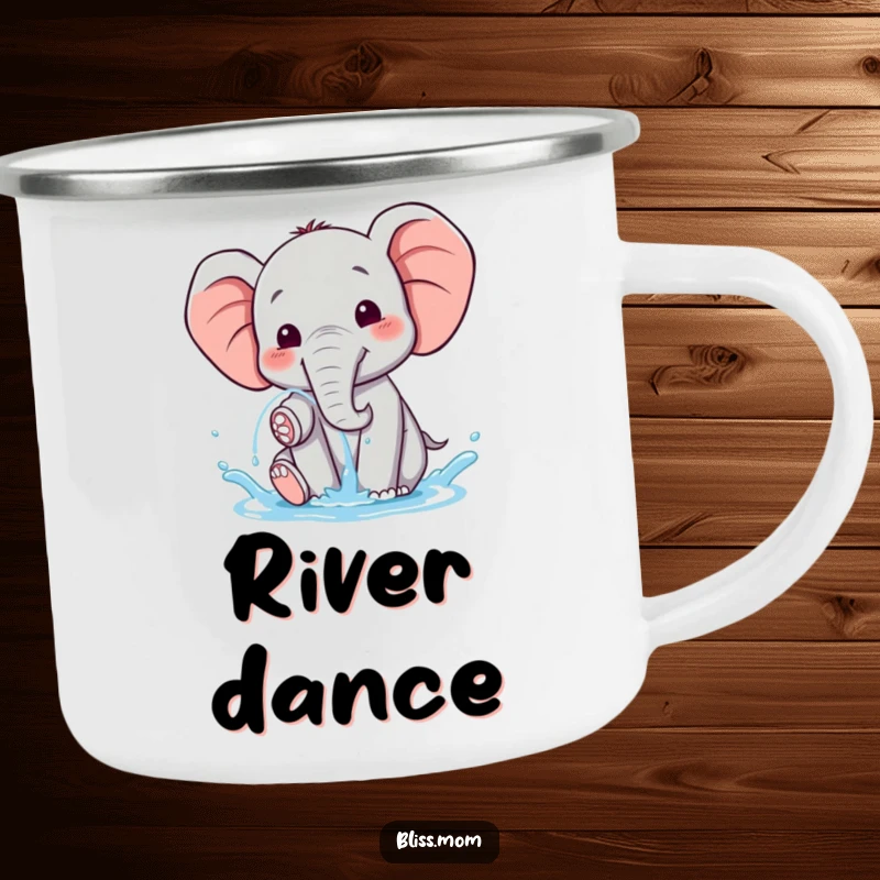 Funny happy kawaii elephant spraying water with delight, on a rugged camping mug, perfect for outdoor hydration.
