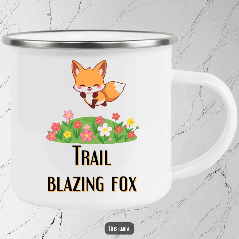 Funny cheerful kawaii fox jumping over flowers, durable camping mug, cute outdoor companion, perfect funny gift.