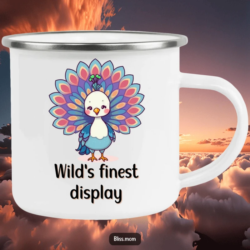 Funny Kawaii Peacock Mom Camping Mug, proudly spreading colorful tail feathers, perfect for enjoying beverages outdoors with style.